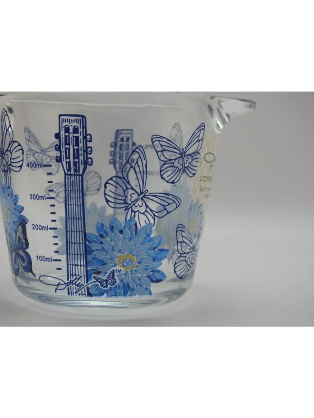 Dolly Parton Blue Butterfly Measuring Cup Glass 16 oz Limited Ed Guitar Design